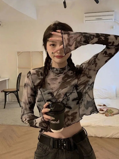 Dozw Tie Dye Cropped Top Women Sun Proof Long Sleeve