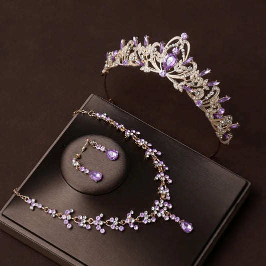 Elegant Purple Bridal Tiara Necklace Earrings Set for Mystical Wedding Glamour