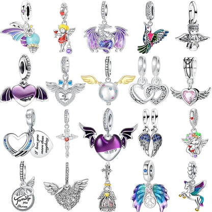 Sterling Silver 925 Angel Wing Heart Bird Charms for Bracelets and Necklaces Women's Fine DIY Jewelry Gifts