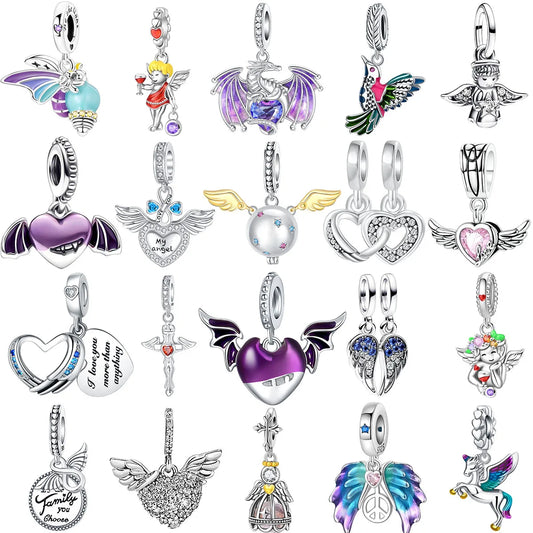 Sterling Silver 925 Angel Wing Heart Bird Charms for Bracelets and Necklaces Women's Fine DIY Jewelry Gifts