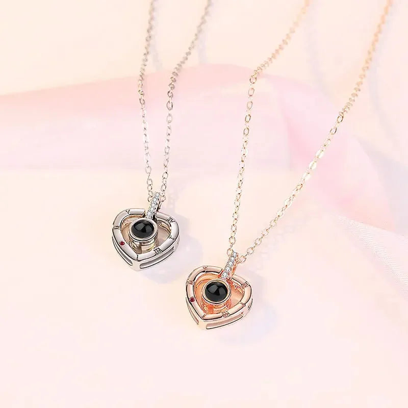 Silver Heart Pendant Necklace with 100 Languages I Love You Engraving for Women Anniversary Gift