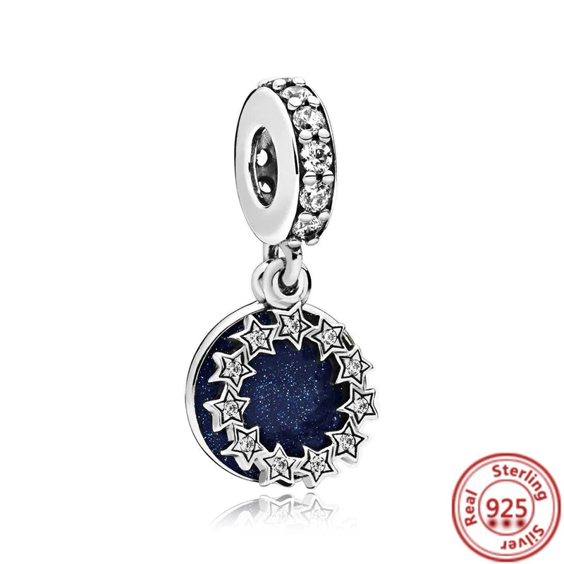 Sterling Silver Blue Zircon Feather Crown Moon Pendant Charm Bracelet Beads Y268 3mm-4mm