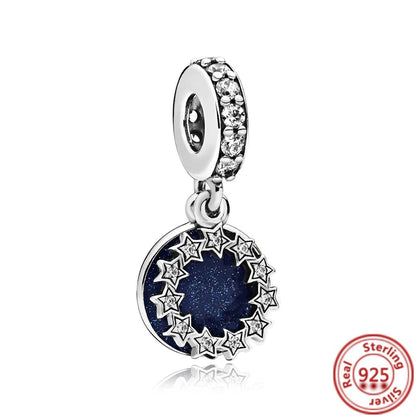 Sterling Silver Blue Zircon Feather Crown Moon Pendant Charm Bracelet Beads Y268 3mm-4mm
