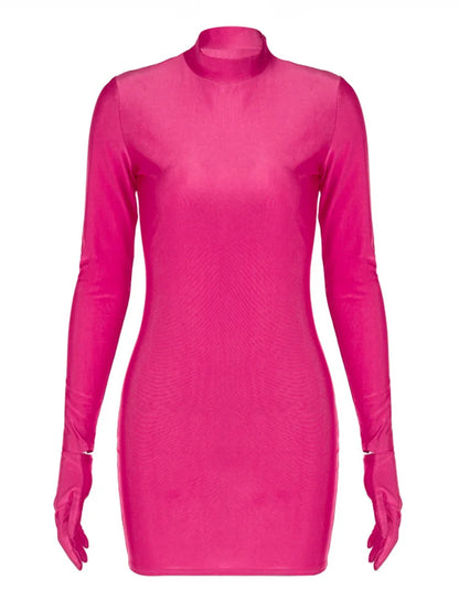 Solid Longsleeve Mini Bodycon Dress With Gloves Y2K