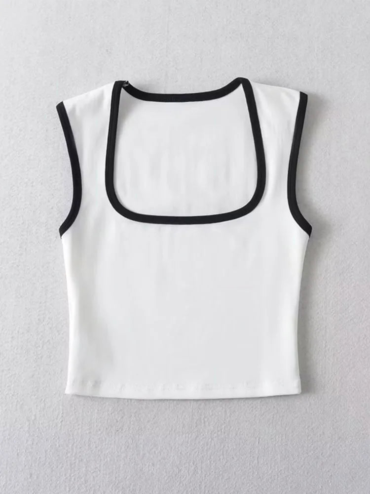 Woman Fashion Slim Solid Contrust Camis Casual Sleeveless Tanks Square Collar Crop Tops Clothing Streetwear Mujer 2024 Y2k