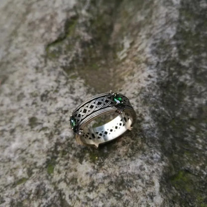 Vintage Green Gemstone Celtic Knot Adjustable Ring for Men and Women