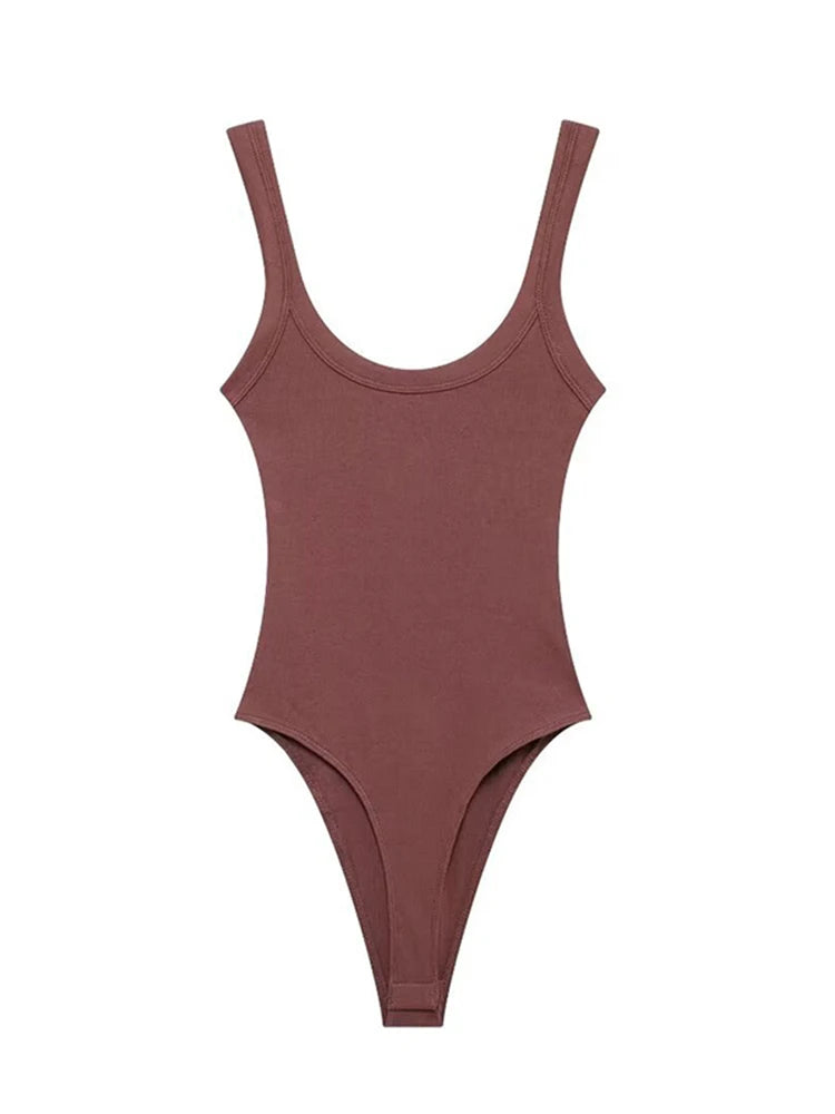 Skinny Ribbed Bodysuits for Women O Neck Straps Snap Button