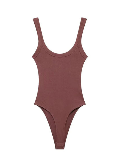 Skinny Ribbed Bodysuits for Women O Neck Straps Snap Button