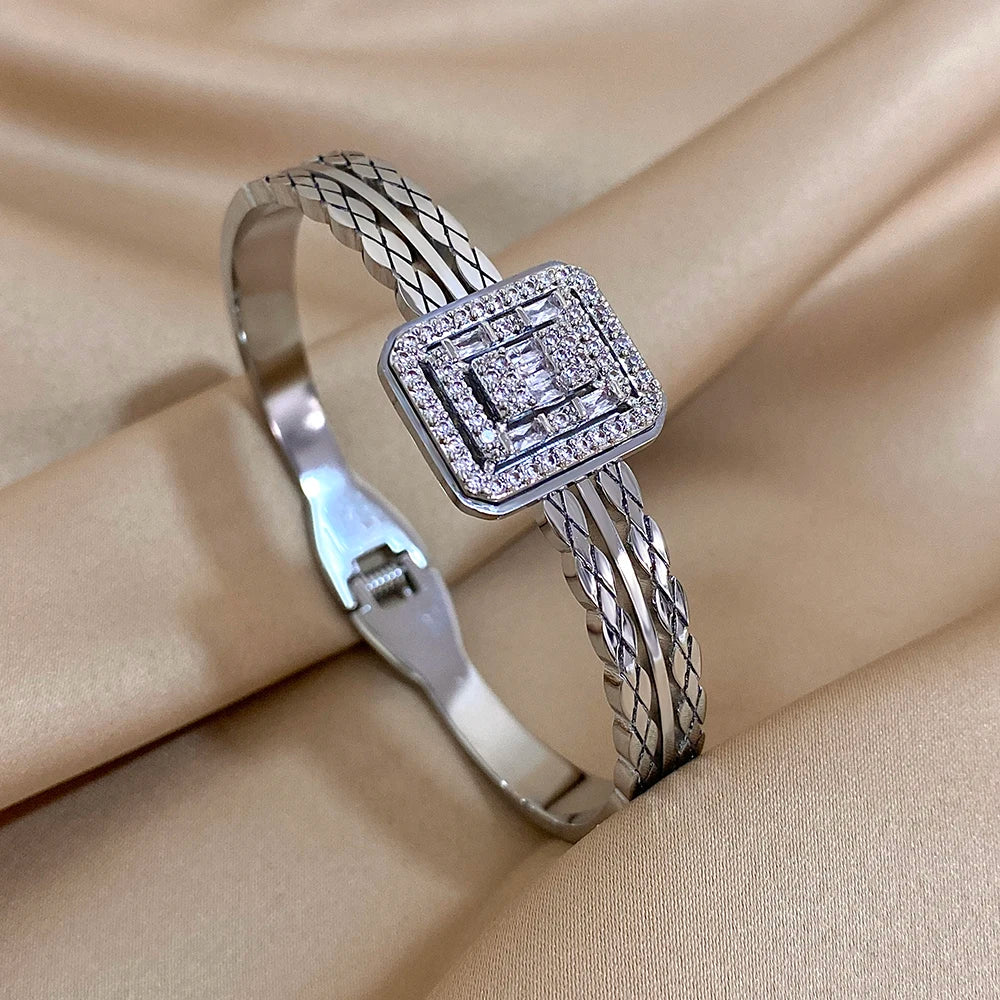Square Stainless Steel Bangle Bracelet with Rhinestones for Women Cuff Fashion Waterproof Jewelry Gifts