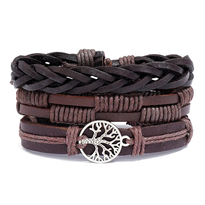 ZORCVENS Men's Handmade Braided Leather Bracelet Set - Vintage Black Punk Fashion Gift