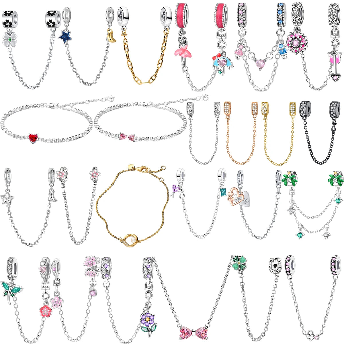 Luxury 925 Sterling Silver Clover Daisy Star Moon Zircon Pavé Safety Chain Bow Necklace and Bracelet Set for Women Fine Jewelry Gifts
