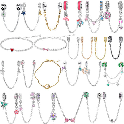 Luxury 925 Sterling Silver Clover Daisy Star Moon Zircon Pavé Safety Chain Bow Necklace and Bracelet Set for Women Fine Jewelry Gifts