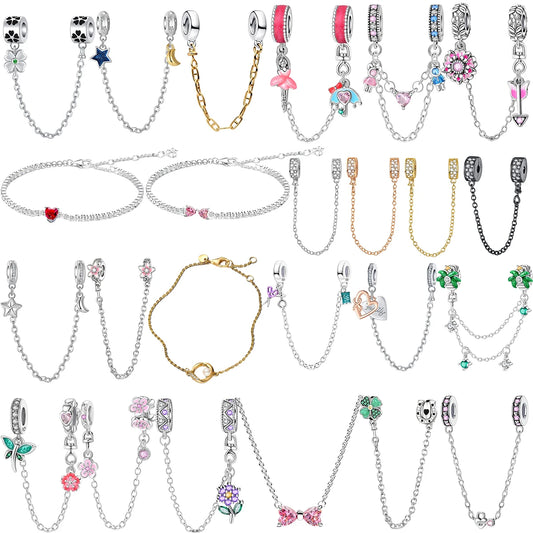Luxury 925 Sterling Silver Clover Daisy Star Moon Zircon Pavé Safety Chain Bow Necklace and Bracelet Set for Women Fine Jewelry Gifts