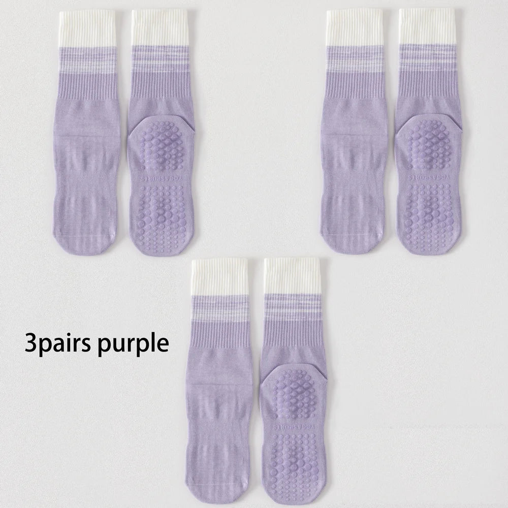 3 Pairs Cotton Anti Slip Mid Calf Yoga Socks For Women