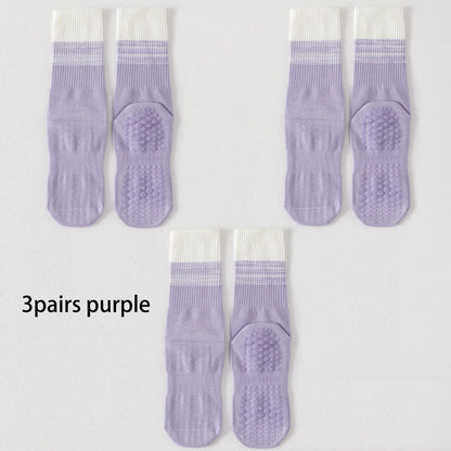 3 Pairs Cotton Anti Slip Mid Calf Yoga Socks For Women