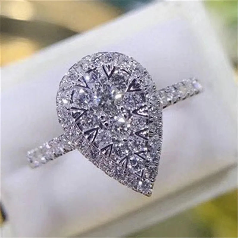 925 Sterling Silver Water Drop Shaped Ring for Women with Brilliant CZ for Wedding Engagement and Party
