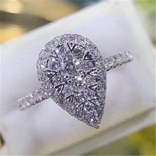 925 Sterling Silver Water Drop Shaped Ring for Women with Brilliant CZ for Wedding Engagement and Party