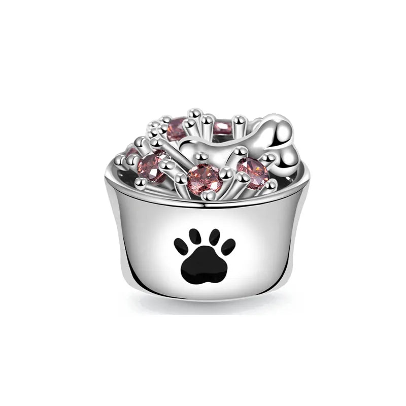 Sterling Silver Paw Print and Bone Charm Bead for Pet Bracelet Jewelry B3998