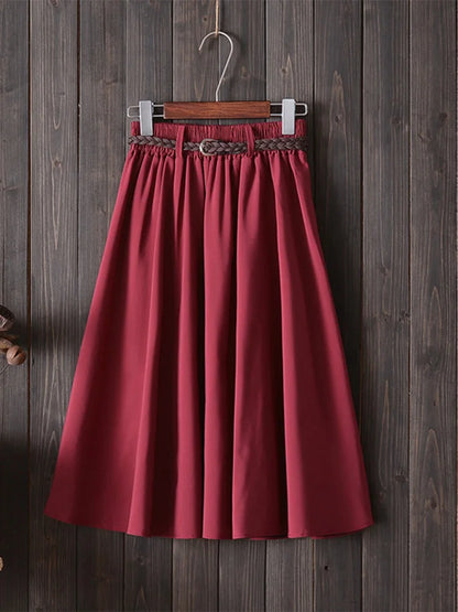 Midi Knee Length Skirt Women With Belt High Waist Pleated