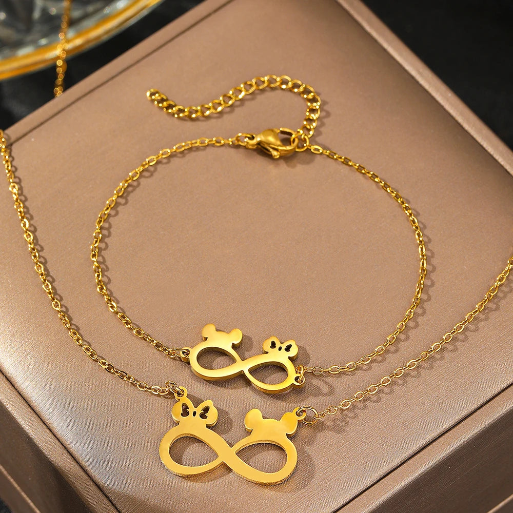 Stainless Steel Mickey Ears Pendant Necklace Set for Women Fashion Jewelry Perfect for Birthdays and Banquets
