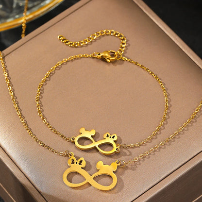 Stainless Steel Mickey Ears Pendant Necklace Set for Women Fashion Jewelry Perfect for Birthdays and Banquets