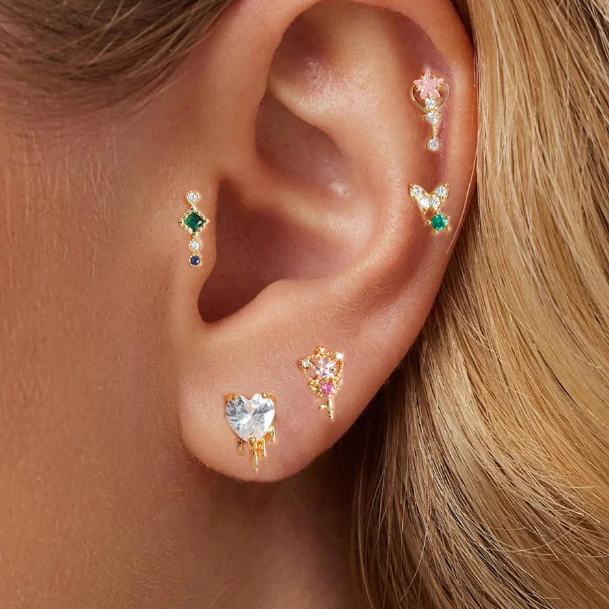 Vintage Stainless Steel Star Butterfly Stud Earrings for Women - Tiny Helix Tragus Cartilage Piercing Jewelry