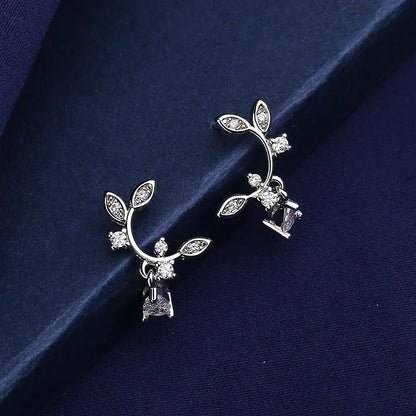 Sterling Silver CZ Crystal Plant Stud Earrings for Women and Teens