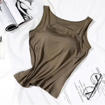 2023 Women’s Slim Fit Vest Tops with Built-In Bra Padded Neck Tank Casual Solid Color Shirts