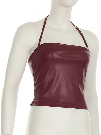 Retro Red Halter Tank Top Slim Fit Faux Leather Korean Clubwear Summer Y2K Style Streetwear Outfit Fashion PU Top