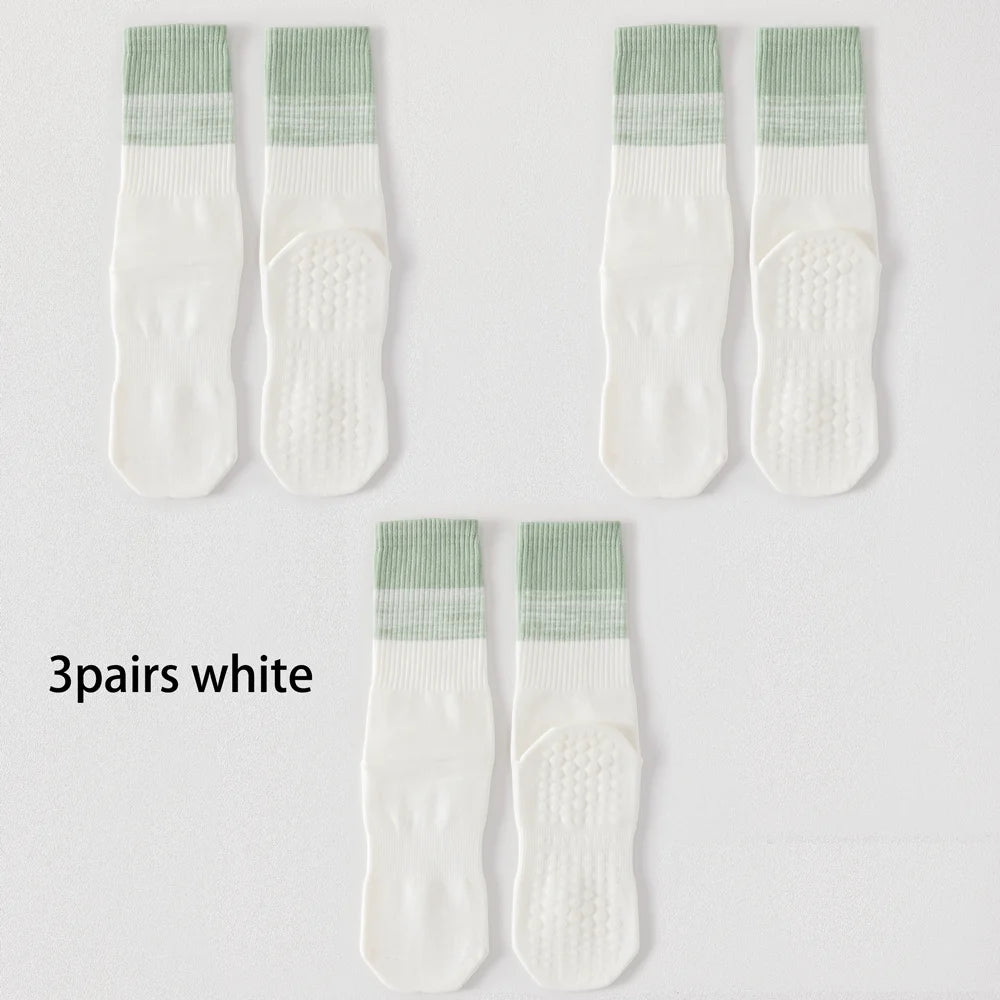 3 Pairs Cotton Anti Slip Mid Calf Yoga Socks For Women