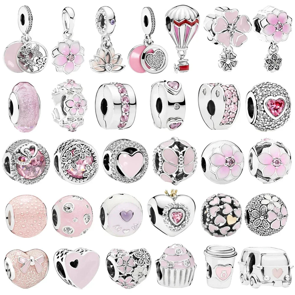 925 Sterling Silver Pink Flower Balloon Coffee Cup Charm Beads for DIY Bracelets Perfect Gift for Women