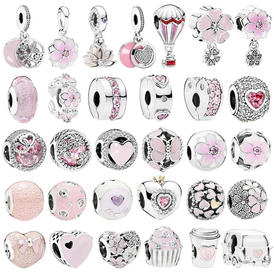 925 Sterling Silver Pink Flower Balloon Coffee Cup Charm Beads for DIY Bracelets Perfect Gift for Women