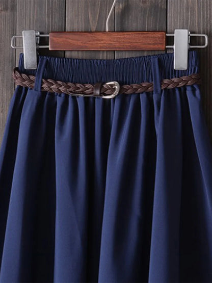 Midi Knee Length Skirt Women With Belt High Waist Pleated