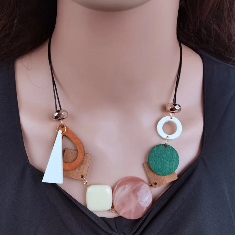 Vintage Wooden Geometric Pendant Necklace for Women Ethnic Handmade Statement Jewelry