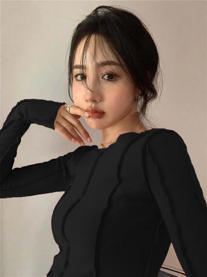 Long Sleeve T-shirts Women Spring Solid O-Neck Elegant Bright Line Decoration Slim Casual Soft High Quality Ladies Clothing Tees