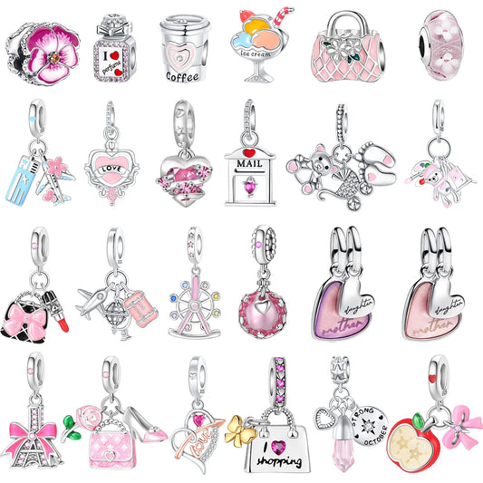 Romantic 925 Sterling Silver Pink Lipstick Heart Bow Rose Flower Zircon Charm Bead for DIY Bracelet Jewelry Gift