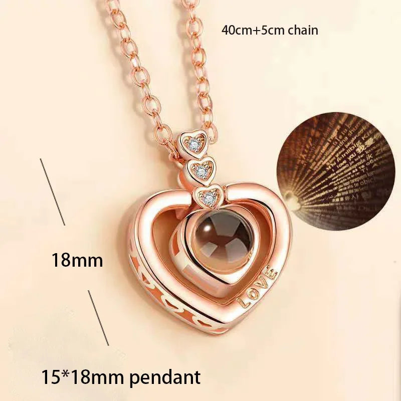 100 Languages I Love You Heart Pendant Necklace Romantic Projection Jewelry Gift for Women tyxl08mgj 40cm plus 5cm