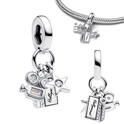 925 Sterling Silver Golden Geometry Charm Set with Heart Star Zircon Beads for DIY Womens Jewelry Gift
