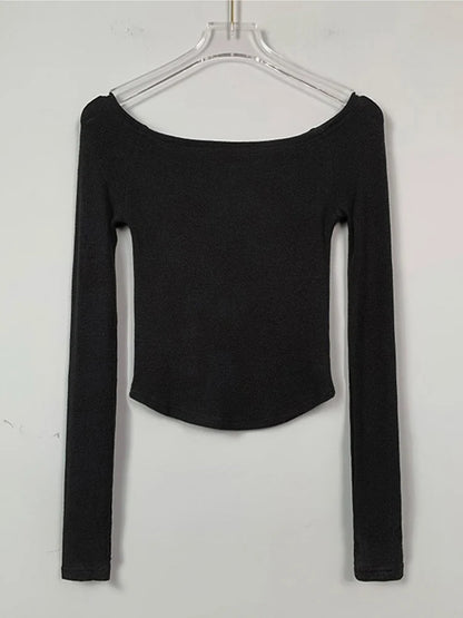 Slash Neck Crop Tee Women Slim Cotton Top Black White