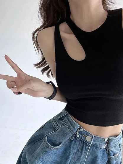 Ribbed Hollow Out Crop Top Off Shoulder Knit Summer Tank