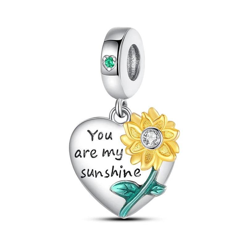 Sterling Silver Heart Sunflower Charm Pendant For Bracelet