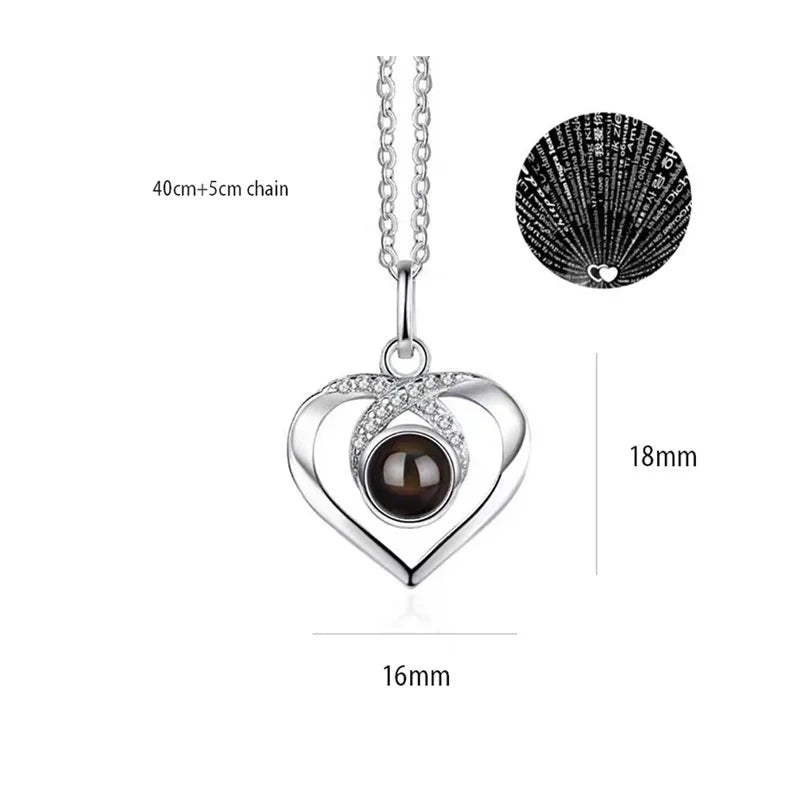 100 Languages I Love You Heart Pendant Necklace Romantic Projection Jewelry Gift for Women X Love Heart 40cm plus 5cm