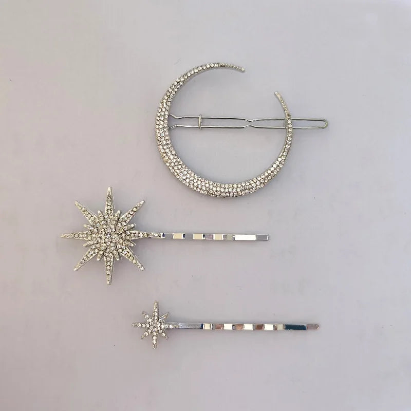 Vintage Moon and Star Rhinestone Hairpin for Women Bridal Accessories
