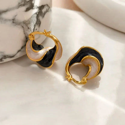 Gold Plated Enamel Wave Texture Hoop Earrings for Women