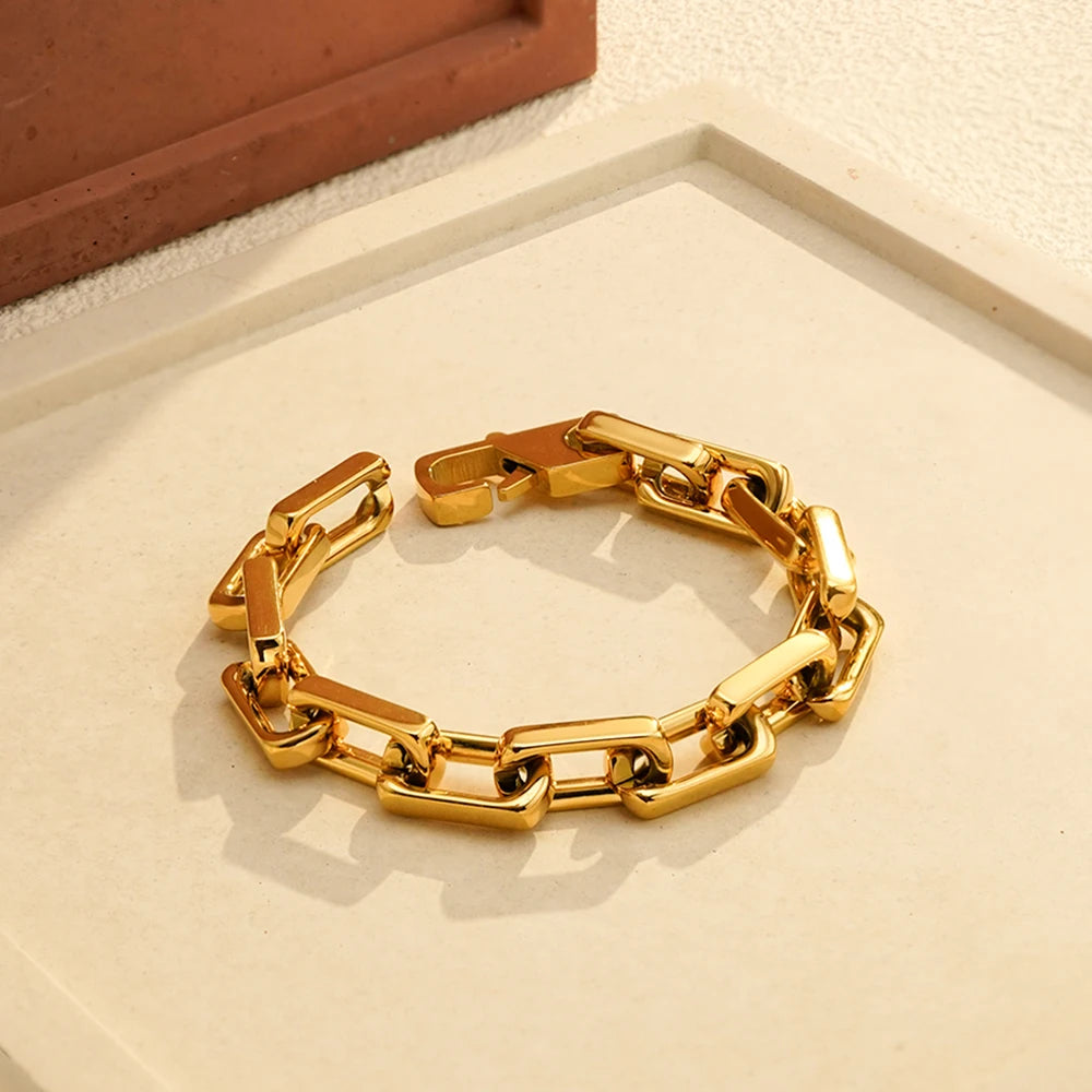 Enfashion Women's 18K Gold Plated Square Chunky Chain Necklace and Bracelet Set