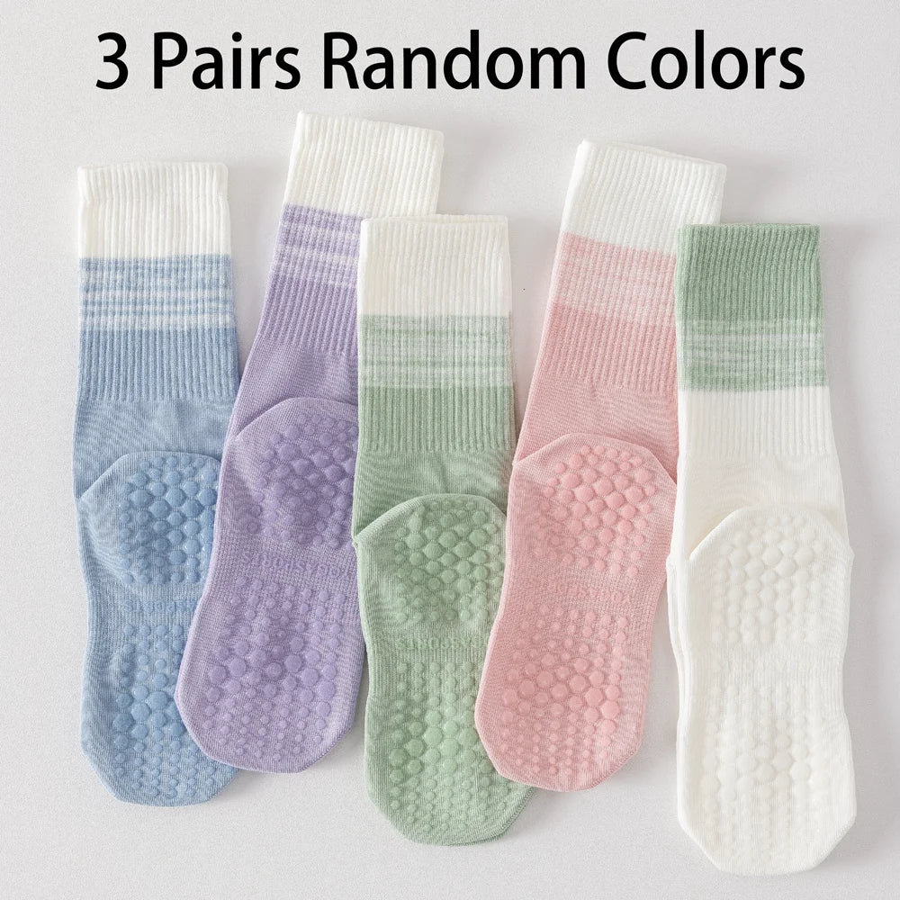 3 Pairs Cotton Anti Slip Mid Calf Yoga Socks For Women