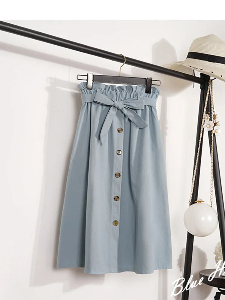 Summer Autumn Midi Pleated High Waist Button Skirt Women