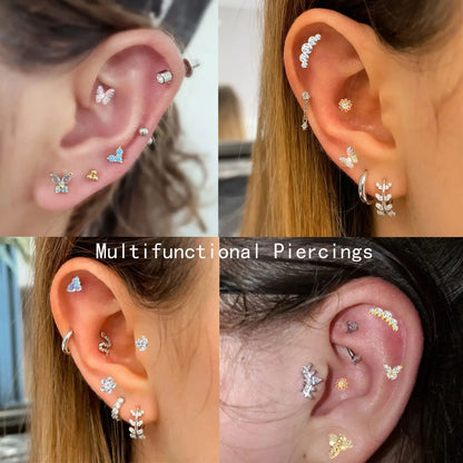 Drperfect Surgical Steel Butterfly Flower Cartilage Stud Earrings for Women with Screw-Back Design