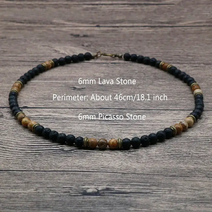 6mm Vintage Rustic Men Beaded Necklace Natural Lava Stone Choker Necklace Unisex Gift