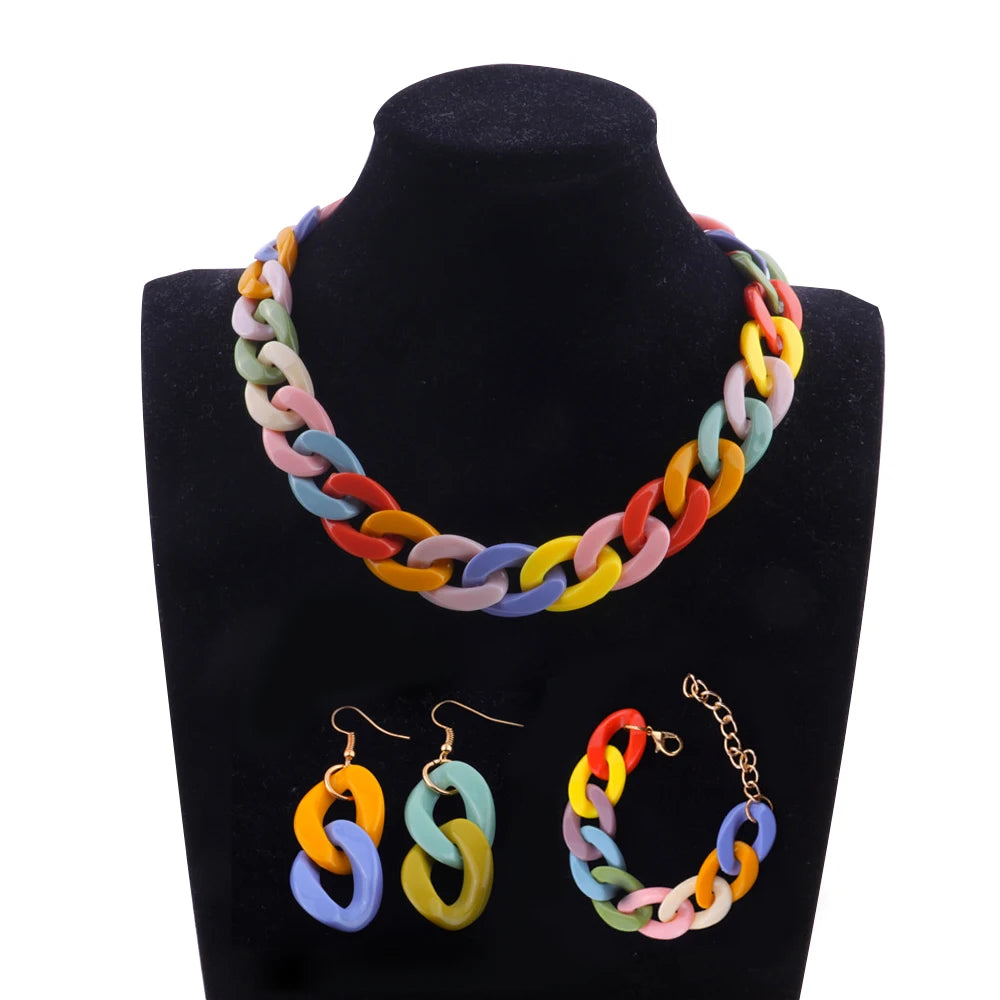 FishSheep Bohemian Candy Color Choker Necklace and Earrings Set for Women 2022 Fashion Jewelry